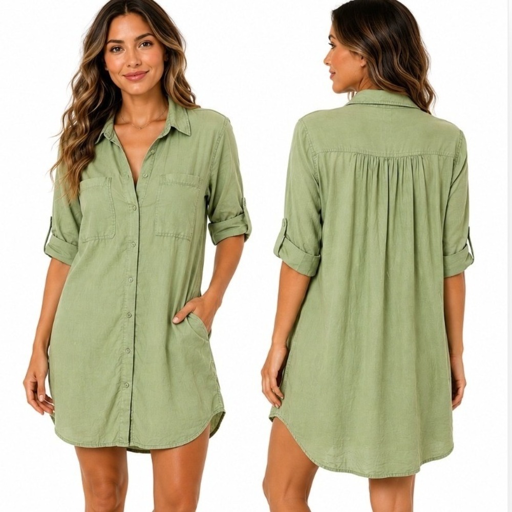 YFB Young Fabulous & Broke Shirt Dress Women XS Green Linen Blend Button Front